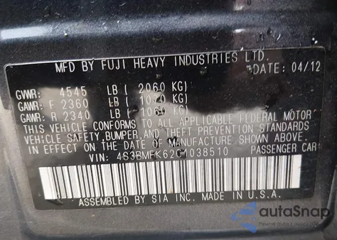 2012 Subaru Legacy 2.5Gt Limited z USA, uszkodzony, nr VIN 4S3BMFK62C1038510